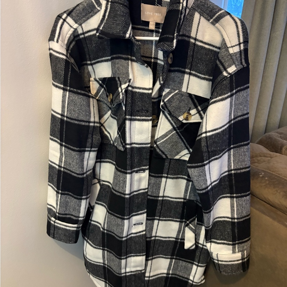 Love Tree Plaid trench shacket Black and White